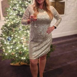 Eliza J Silver Sequin Long Sleeve Dress Size 10